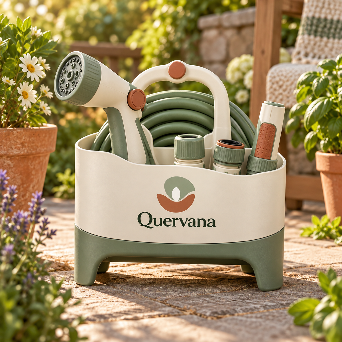 Quervana™ Portable Garden Hose Kit with Adjustable Spray Nozzle & Storage Caddy