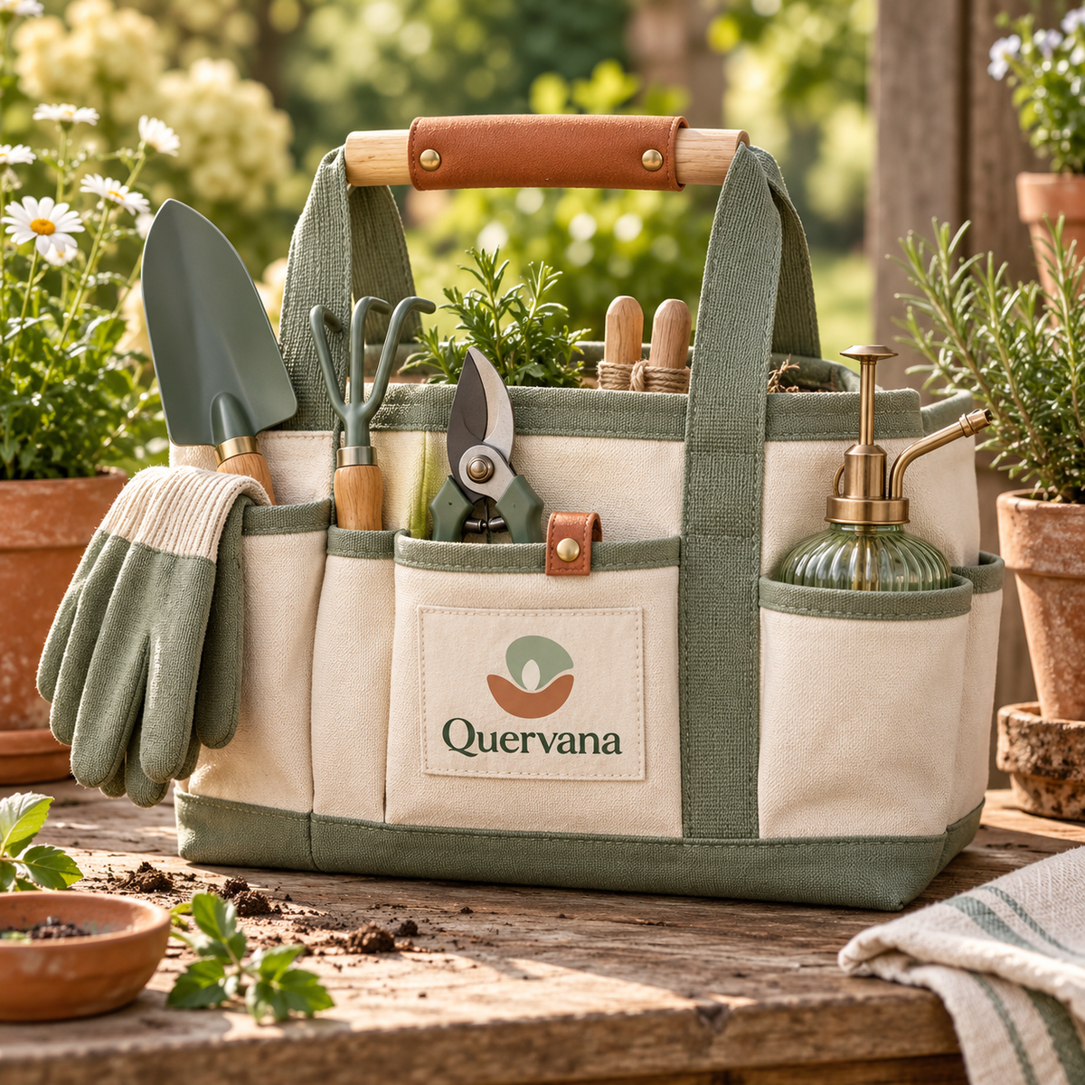 Quervana™ Multi-Pocket Garden Tool Tote with Wood-Grip Handle